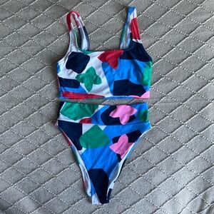 Aerie Colorful Abstract Print High Leg Bottom and Scoop Bikini Top Set S EUC